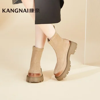 Ботильоны Kangnai, Дамски обувки от волска кожа, велур, еластична тъкан, Дебела подметка, Плоска платформа, есенни дамски обувки с чорапи