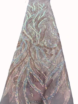 Луксозна африканска шарената кърпа от мъниста с пайети, френското тюлевое дантелено сватбена рокля с пайети, вышитое завързана кърпа /5 ярда