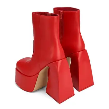 Нови европейски и американски външнотърговски обувки със специална форма на ток с квадратни пръсти, дамски ботуши с цип отстрани, боти на платформа