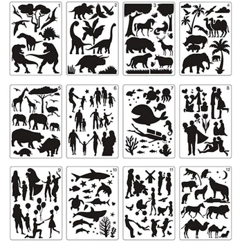 12шт шаблони за рисуване на мандали, идеални шаблони за рисуване на животни, куха дъска за рисуване с ръце