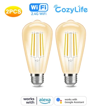 2 ЕЛЕМЕНТА Умна лампа с нажежаема жичка ST64, E27, Wi-Fi, led лампа, ретро-стил, приложение CozyLife С регулируема яркост, топло бяло, Гласът Работи с Алекса Google