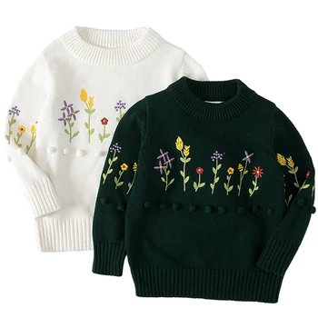 2023 Детски пуловер, Нови есенни Възли Пуловери за малки момичета, Пуловери с бродерия за момичета-цветочниц, Детски сладък потник, пуловер