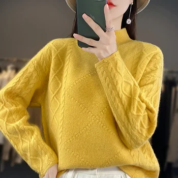 2023 Есенно-Зимния Нов Вълнен Пуловер Жена 100% Вълна Безплатни безалкохолни Вязаный Пуловер с ниша и яка NJS01