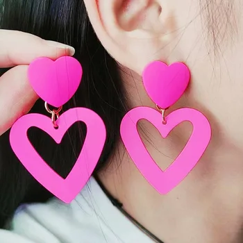 2023 Корея Акрилна роза, Розови обеци с кухи сърце За жени, Красиви украшения за уши, обеци за любовта на Едро