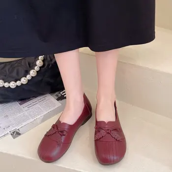 2023 Летни дамски обувки на плоска подметка с кръгло бомбе, дамски ежедневни обувки на равна подметка, мека дамски пролетно-есенна обичайната обувки за бродерия