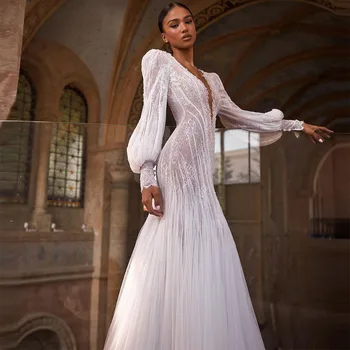 2023 Нови модерни сватбени рокли на русалка с дълги ръкави и V-образно деколте, дантелени апликации, булчински рокли в стил бохо с гънки, Vestidos De Fiesta