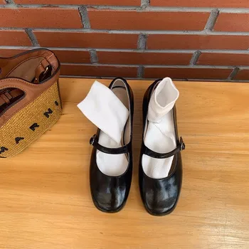 2023, Новостите на пролетта, Корейски обувки на плоска подметка, модни обувки, Мери Джейн, дамски обувки с квадратни пръсти, дамски обувки от изкуствена кожа в ретро стил