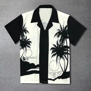 2023 Черно-Бял Контрастен Графичен Принт От Кокосовата Палма Хавайска Риза С Къс Ръкав На Мъжка Риза С Ревери Homme Camisetas Hombre