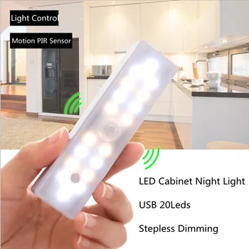 20LED Индукционный лампа под шкаф, сензор за движение, лека нощ в килера, монтиран на стената лампа се захранва от USB осветление за кухня, гардероб, спалня.