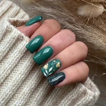 24шт Зелени режийни ноктите Блестящ ковчега с френски дизайн, подходящ за носене отгоре нокти Остават просто пълно покритие, кликнете върху краищата на ноктите Изкуство