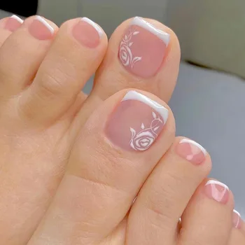 24шт Режийни на ноктите на краката за момичета Бели цветя Френски външен ноктите Пълно покритие Свалящ акрилна печат върху ноктите на краката Стоки за нокти