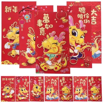 30шт Китайски червени пакети с изображение на дракон, Червени пликове, Червени пакети с джобове за пари (смесен стил)