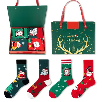 4 Двойки Коледни Чорапи Подарък кутия костюм на Дядо Коледа Снежен Памучни чорапи с Шарени Коледни Чорапи