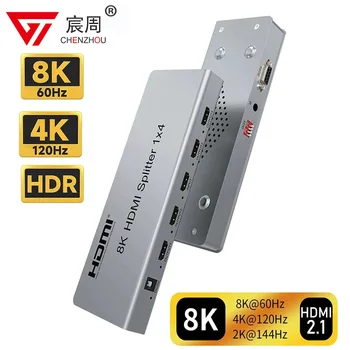 8 Към 60 Hz HDMI Сплитер 1x4 дървен материал До 120 Hz HDMI2.1 Сплитер 1 4 Изход Видео Дистрибутор HDR 10 3D за PS5 Xbox Камера PC TV Монитор