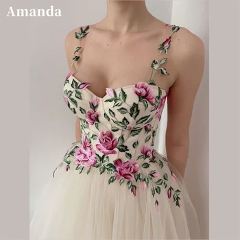 Amanda Elegantly Flower Embroider Принцеса рокля за бала от тюл трапецовидна форма, секси вечерни рокли без ръкави, с елегантна бродерия на цветя, 2023