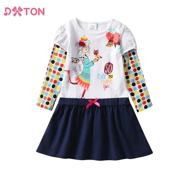 DXTON/ Ежедневни памучни рокли с дълъг ръкав за момичета, есен-пролет, детски дрехи с анимационни принтом в грах, детски рокли в стил мозайка
