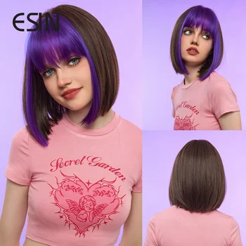 ESIN Синтетичен Директен кафяво-смесен лилаво перука средна дължина на бретон Боб Перуки за жени Топлоустойчива Естествени за ежедневна употреба