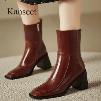Kanseet 2023, Зимни Къси ботуши за жени, Модерен дизайн, Висококачествени обувки от естествена кожа, Дамски ботильоны на висок ток, Бежов, Нов