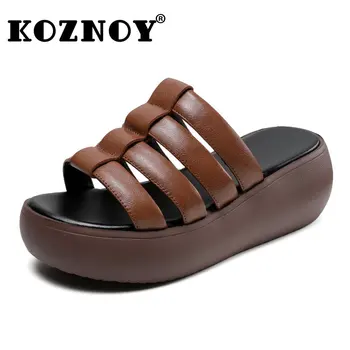 Koznoy 6 см, Чехли от телешка естествена кожа на платформа, Луксозни Сандали, Елегантност, Етническа Дамски обувки на плоска подметка, Новост за отдих, Лятна обувки