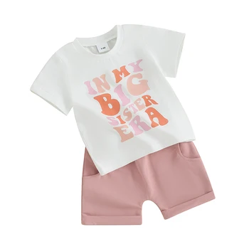 Mandizy/ Дрехи за малките момичета, летни тениски с къс ръкав и забавни букви, ежедневни обикновена къси панталони, комплект дрехи за деца