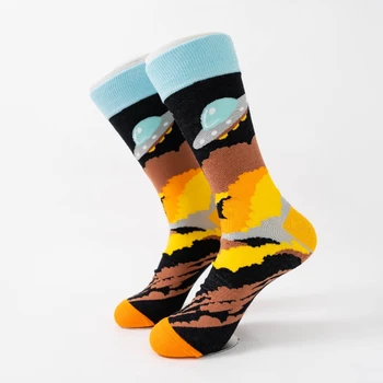 MYORED / 1 чифт нови есенно-зимни мъжки чорапи със средна дължина, с модел на планета на планета.