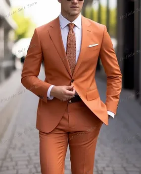 Orange е Мъжки Бизнес Костюм на Младоженеца, Смокинги За Младоженците, Сватбена Парти, Официална Случай, Комплект от 2 Части, Яке, Панталони