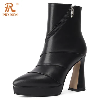 PRXDONG/ Дамски обувки от естествена Кожа, Новост 2023 г., Модерен Есенно-зимни обувки на висок ток И платформа, Черна рокля, Вечерни Дамски обувки, Размер 39