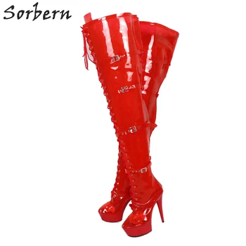 Sorbern, червени прозрачни ботуши от PVC, дамски слабините, височина до бедрата, Дамски на платформа с високи токчета, Индивидуалният Широка кацане на долната част на крака, Размер Унисекс 5-15