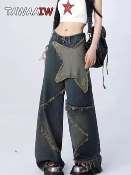 Tawaaiw Дънки гаджето си в американски стил, с бродерия на звездите в ретро стил за жени 2023, летни Корейски модни дънкови спортни панталони, дънки за жени