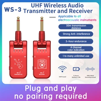 UHF 4-канален Безжичен тънкия китара система Предавател-приемник, Plug Play със завъртане на 282 градуса 800 Mhz-900 Mhz Аудиоинтерфейс 6,35 мм