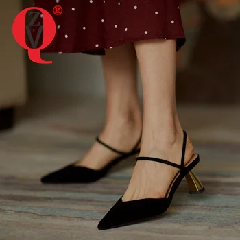 ZVQ летни дамски сандали на новия стил от естествена кожа, обикновен, с остри пръсти, удобни, лаконичен, за почивка, както за възрастни, офис дама.