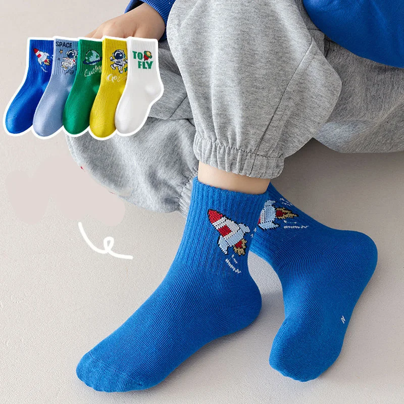 5 чифта детски чорапи, памучни Чорапи с космонавт, чорапи за начално училище, чорапи със средна дължина, детски пролетно-есенни чорапи с герои от анимационни филми