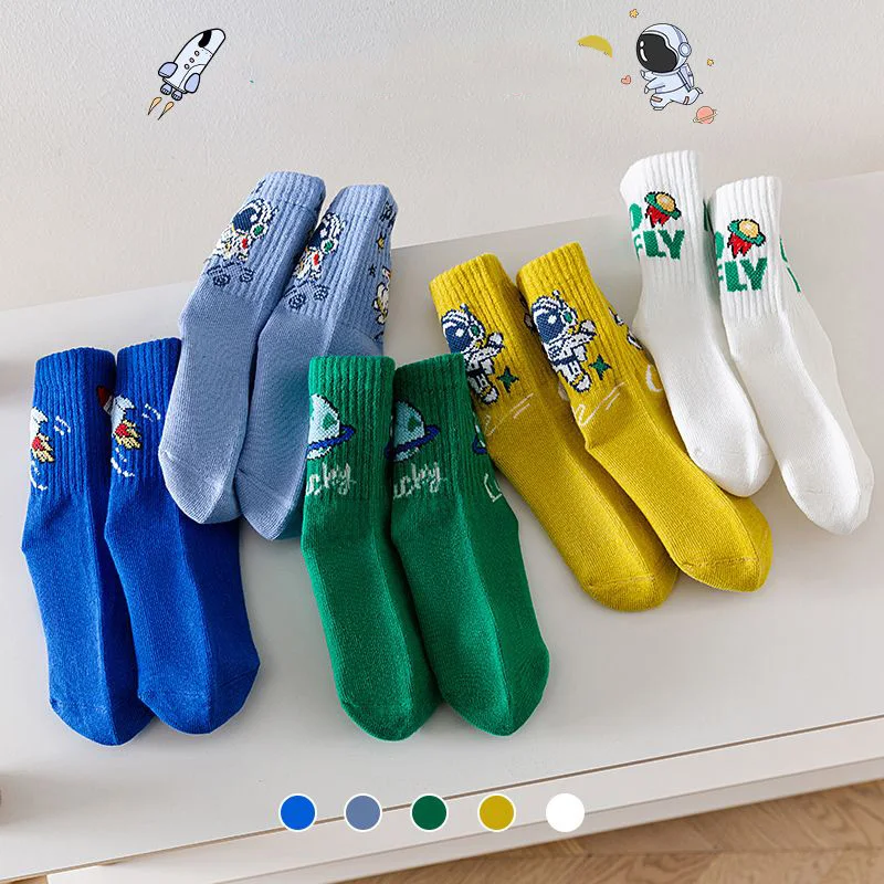 5 чифта детски чорапи, памучни Чорапи с космонавт, чорапи за начално училище, чорапи със средна дължина, детски пролетно-есенни чорапи с герои от анимационни филми