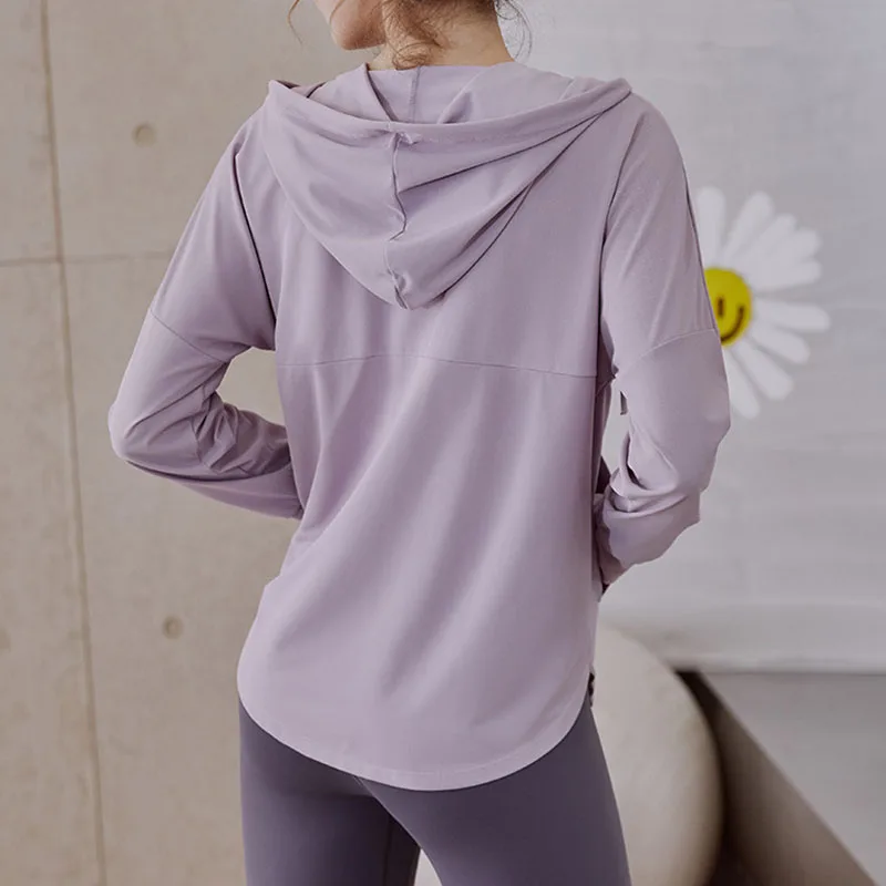 Женски спортен топ, якета с качулка и дълъг ръкав, слънцезащитен крем за джогинг, дамска спортна блуза, готин топ за практикуване на йога, свободно палто за тренировки