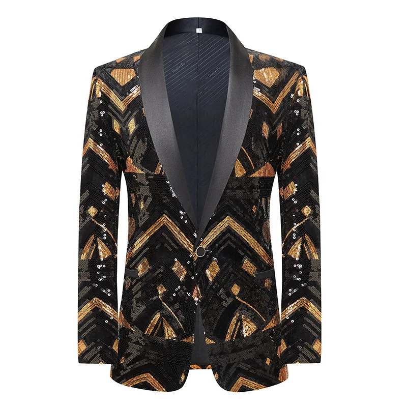 Ново мъжко палто, сако с черна със златни пайети рокля за изпълнение в нощен клуб, сватба (само за яке)