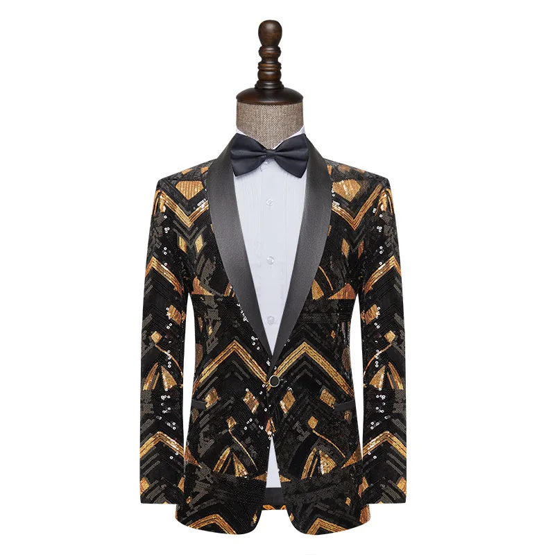 Ново мъжко палто, сако с черна със златни пайети рокля за изпълнение в нощен клуб, сватба (само за яке)