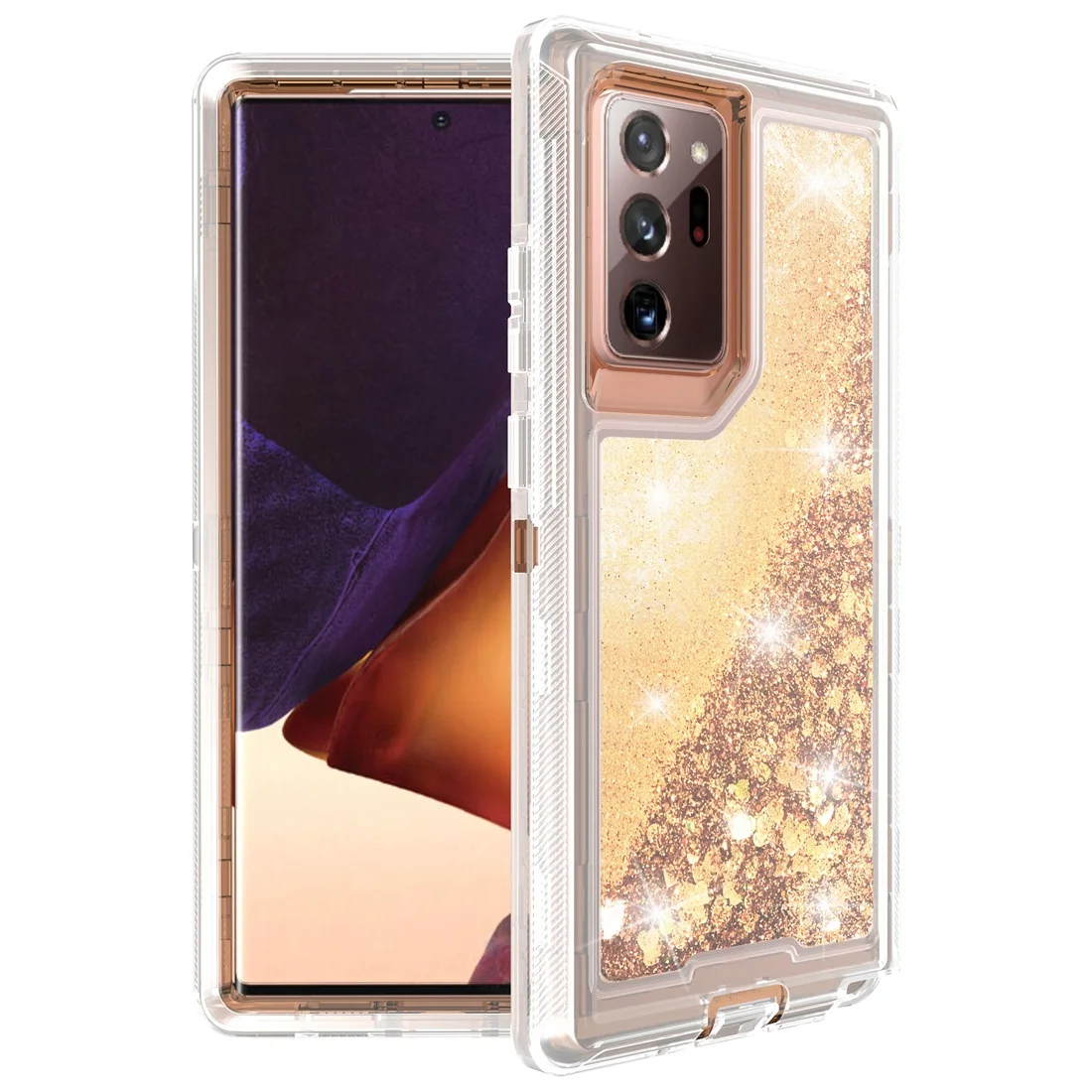 3 в 1 Веселият Блясък Bling Glitter Течен Зыбучий Пясък, устойчив на удари Защитен Калъф За Телефон Samsung Galaxy Note 20 Ultra 5G