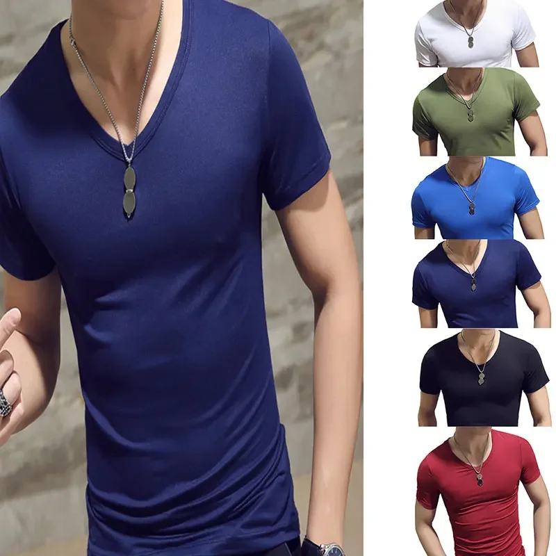 B1682, модна тениска за фитнес с V-образно деколте и къс ръкав, Летни ежедневни блузи за фитнес, Обикновена тениска, големи размери, тънки тениски от полиестер