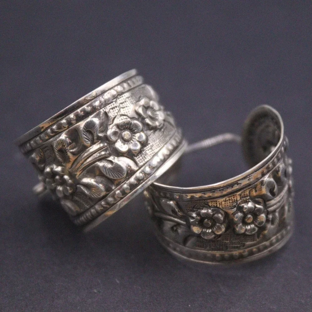 Вече твърдо пръстен от сребро 925 проба за мъже и жени, Големи обеци с резным цвете в стил ретро