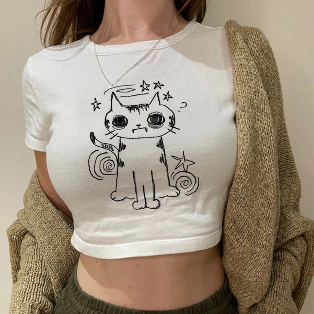 Облекло с сладък котка с анимационни фигура, женски годишният съкратен топ с принтом, риза в стил 90-те, модни и Ежедневни тениска с къс ръкав.