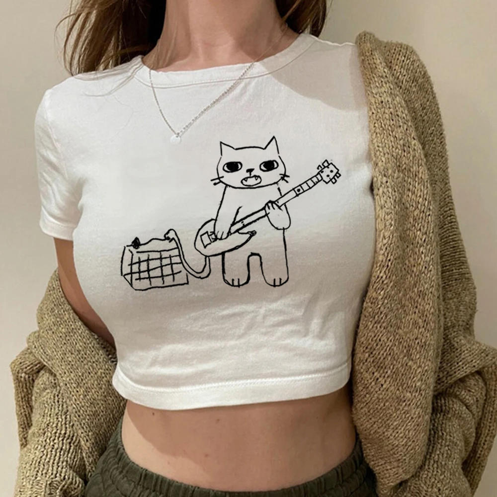 Облекло с сладък котка с анимационни фигура, женски годишният съкратен топ с принтом, риза в стил 90-те, модни и Ежедневни тениска с къс ръкав.
