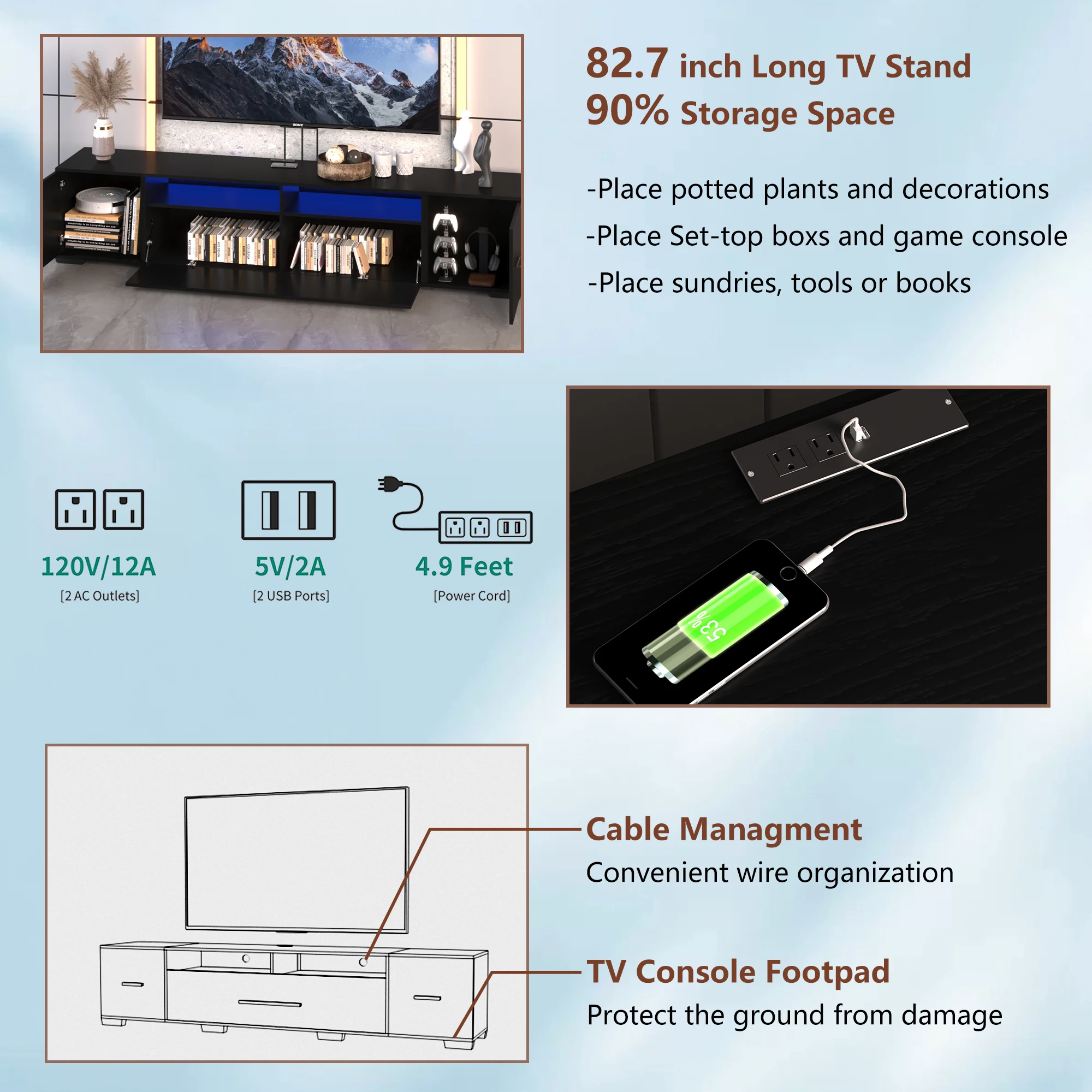 Телевизионна конзола със Шкафчета за съхранение, дистанционно управление, управление чрез приложение, Дълга поставка за телевизор е с led подсветка, full избор на цвят RGB (черен, за 80 инча)