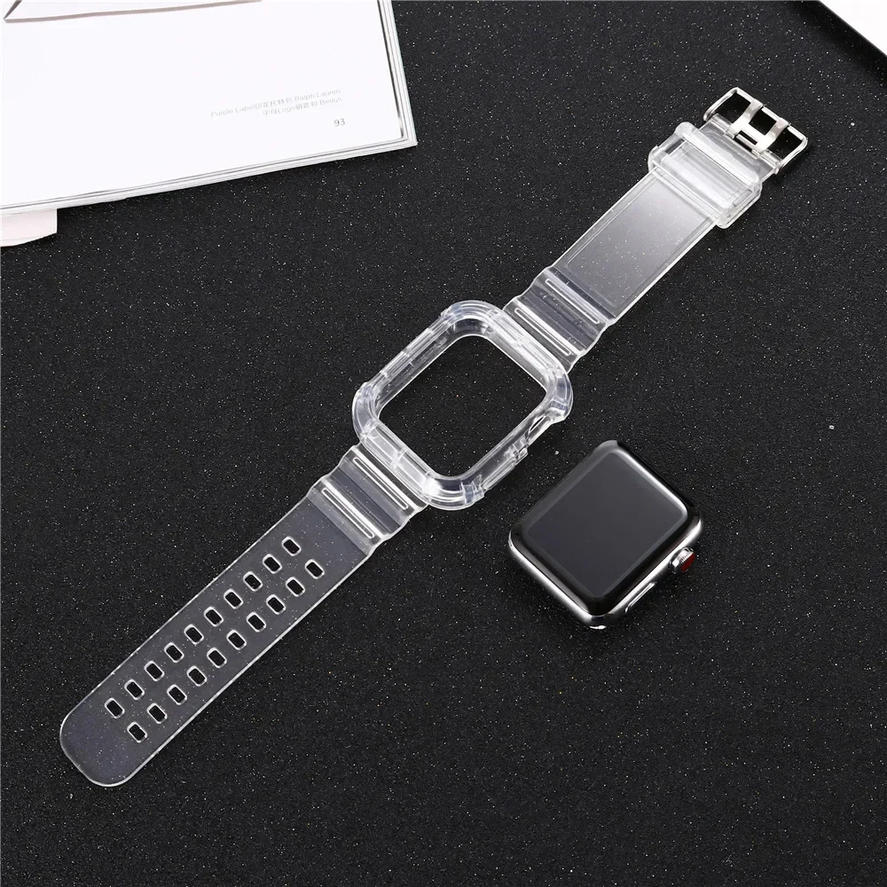 Прозрачен каишка + калъф за Apple Watch серия 9 8 7 6 SE 5 49 мм 45 мм 44 мм 42 мм 41 мм Прозрачен за iwatch 3 38 мм 40 мм, Пластмасов каишка