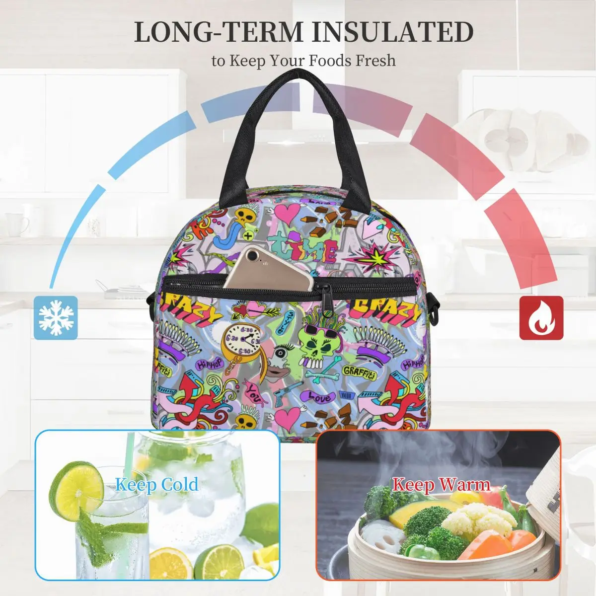 Абстрактна чанта за обяд в стил на чужденец на 80-те в стил хип-хоп, изолирано чанта за обяд С регулируем пагон, Кутия за съхранение на продукти, Термокружки за обяд