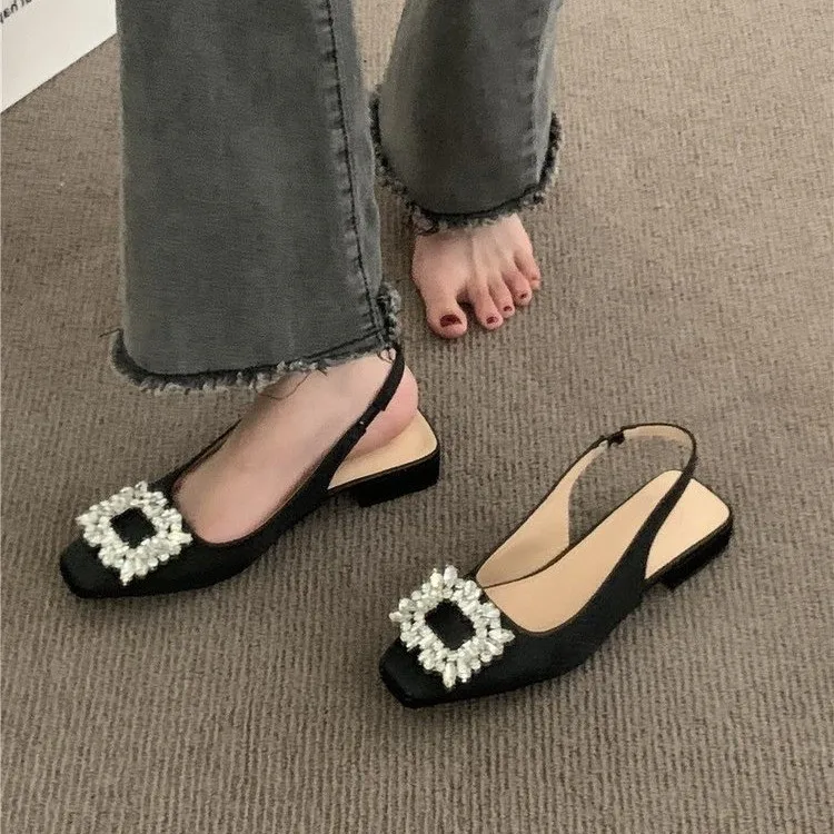 Дамски сандали Baotou, лято 2023, нов стил, сандали с кристали, квадратна обтегач, модни дамски обувки на нисък ток