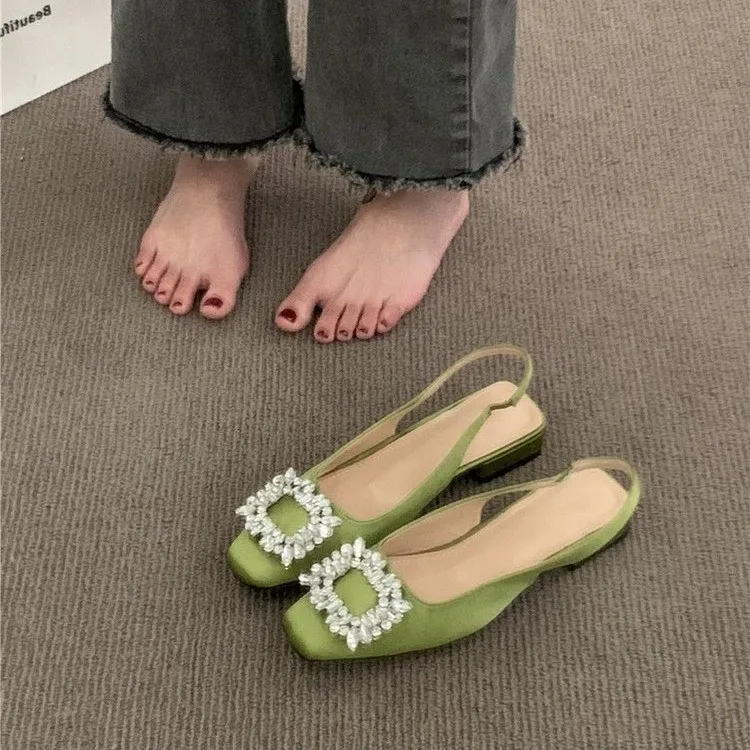 Дамски сандали Baotou, лято 2023, нов стил, сандали с кристали, квадратна обтегач, модни дамски обувки на нисък ток