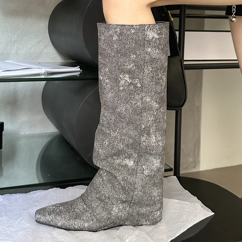 Дамски дълги ботуши в стил уестърн, новост 2023 година, обувки с цип, модни нагънат вечерни Пикантен дамски ботуши до коляното, Дизайнерски обувки