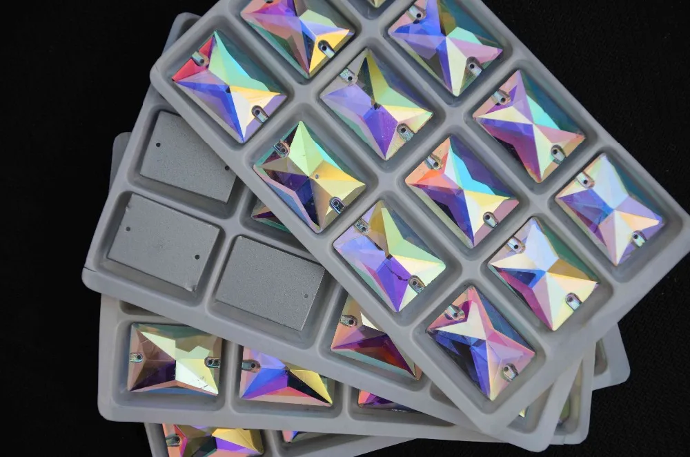 Стъклени кристали с Правоъгълна форма, Пришит Към Камък Crystal Clear AB с 2 дупки 8*10 мм, 10*14 мм, 13*18 мм, 18*25 мм Осмоъгълен Шевни бижута Мъниста