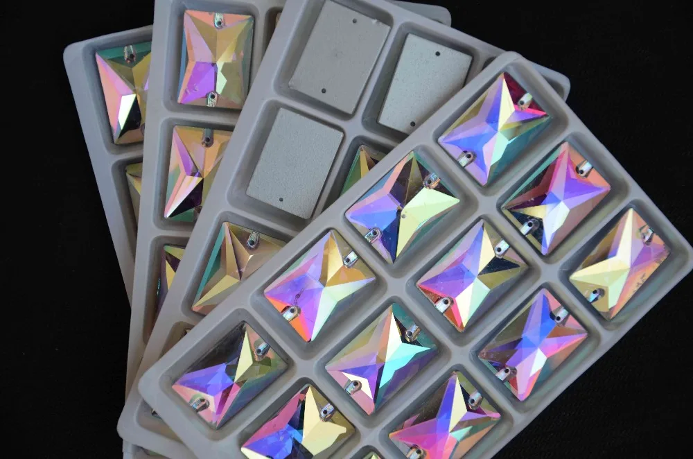 Стъклени кристали с Правоъгълна форма, Пришит Към Камък Crystal Clear AB с 2 дупки 8*10 мм, 10*14 мм, 13*18 мм, 18*25 мм Осмоъгълен Шевни бижута Мъниста