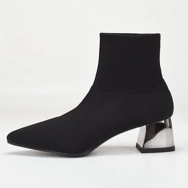 Есенно-зимни дамски възли ластични чорапи, ботуши с остри пръсти, ботуши на масивна токчета, черни модерен ботильоны 